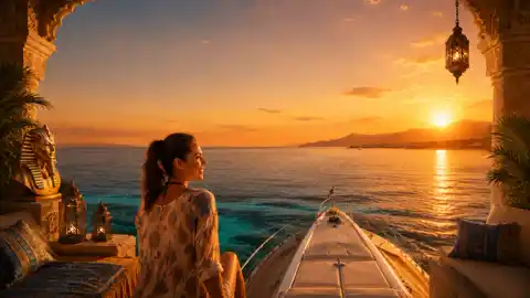 Sunset over the Red Sea framed by a stone terrace